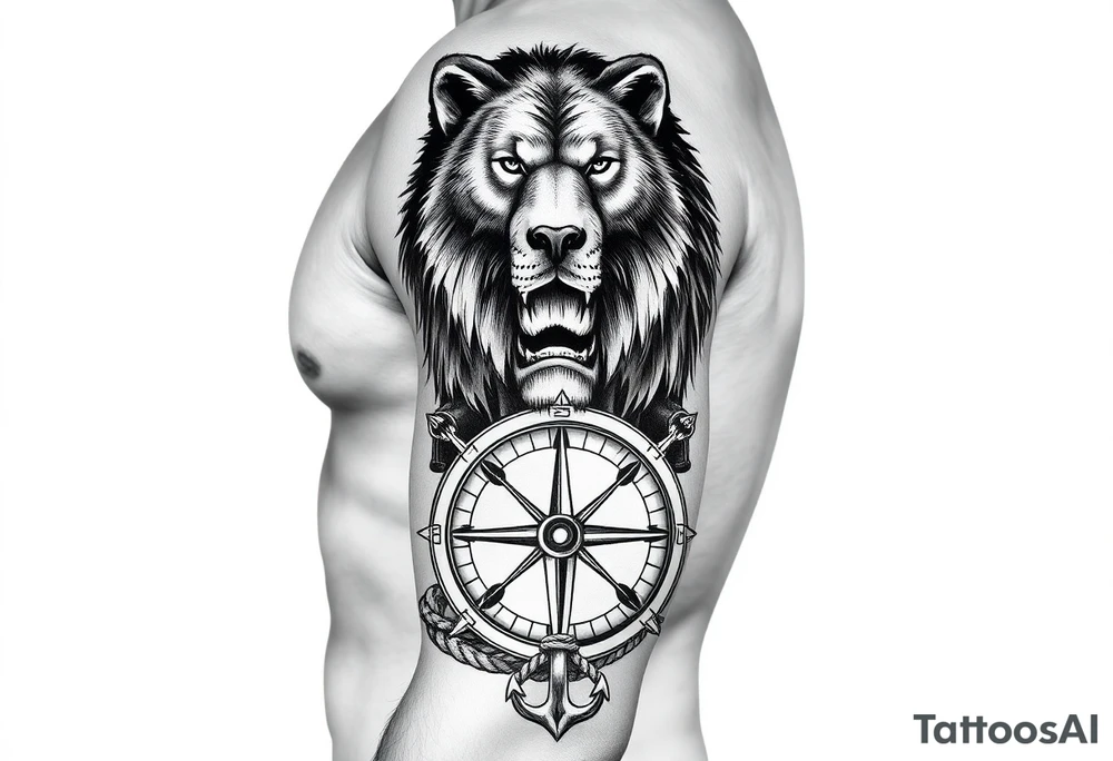 stacked wolf, bear, lion, faces; surrounded by a broken old school compass with a rope and anchor on the bottom tattoo idea