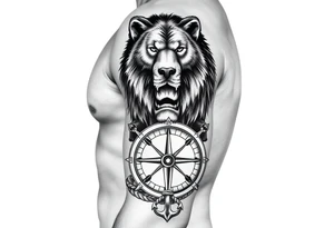 stacked wolf, bear, lion, faces; surrounded by a broken old school compass with a rope and anchor on the bottom tattoo idea