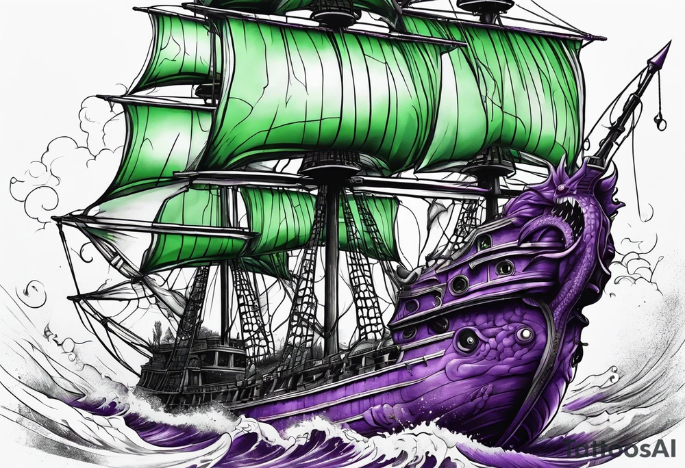 Purple and green kraken breaking ship tattoo idea