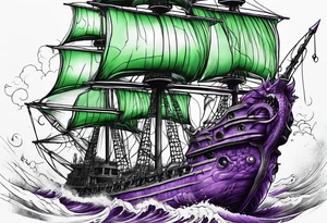 Purple and green kraken breaking ship tattoo idea