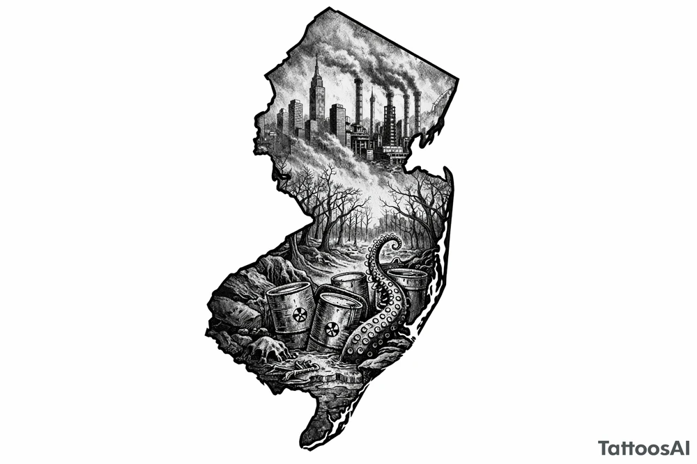 Outline of the shape of New Jersey with a dirty city skyline in the north fading in smog filled refineries in the northern part of central Jersey going into a toxic waste forest with a few tentacles and hazardous waste barrels tattoo idea