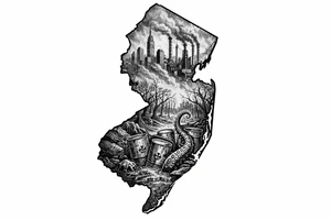 Outline of the shape of New Jersey with a dirty city skyline in the north fading in smog filled refineries in the northern part of central Jersey going into a toxic waste forest with a few tentacles and hazardous waste barrels tattoo idea