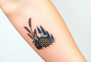 A golden wheat field, beer hop cones and coniferous forest tattoo idea