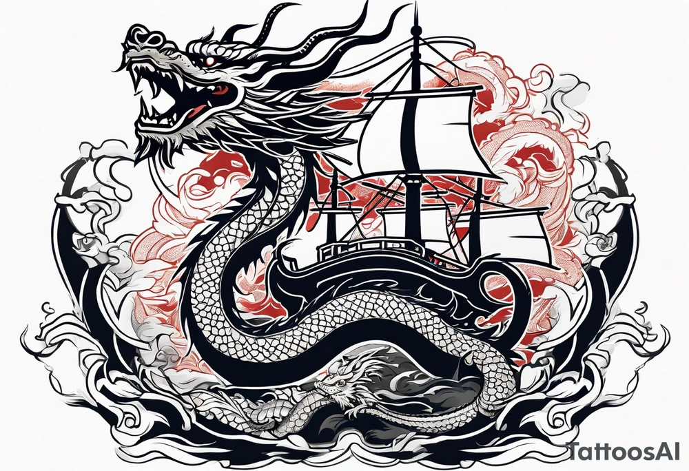 Asian dragon wrapping around a ship anchor centered on the Korean flag tattoo idea