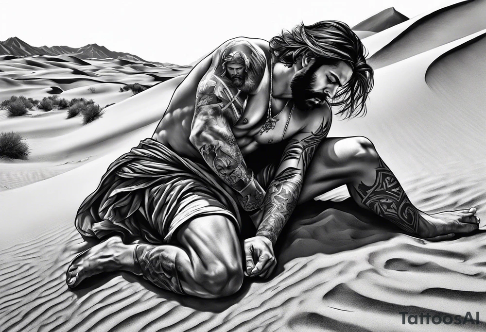 man crawling in a desert reaching to the cross of Christ tattoo idea