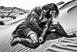 man crawling in a desert reaching to the cross of Christ tattoo idea
