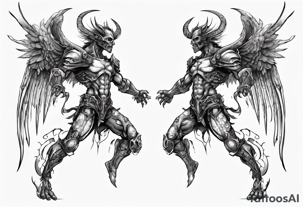 Side view of a demon angel wearing inorganic armor that is in mid-air in attack position. tattoo idea