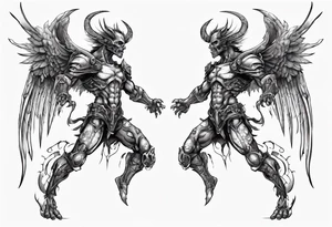 Side view of a demon angel wearing inorganic armor that is in mid-air in attack position. tattoo idea