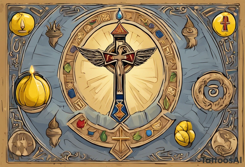 A medieval cross with an assyrian flag in the middle. A crown om top of the cross. The assyrian king Sennacherib. A sun and a moon. A cloud with rain and thunder. charizard. an imperfect cirkle. a candle. a swan. lemons. the god asshur with wings. an ankh. angel wings with a halo. surrounded by olive branches and feathers. tattoo idea