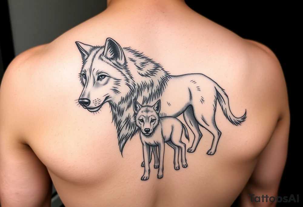 A solitary yet sublime and noble wolf and its progeny. tattoo idea