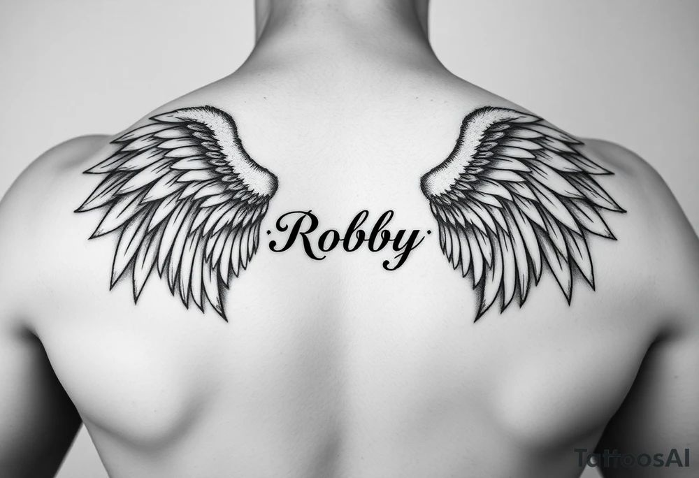 Angel wings on both shoulders and the name Robby in between them tattoo idea