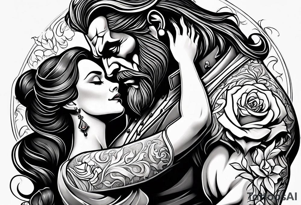 Passionate Beauty and the Beast embrace tattoo idea