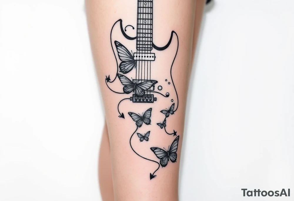 An electric guitar with the cord running down wrapped around the leg and five or six butterflies around it tattoo idea