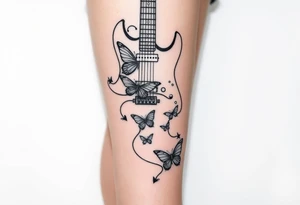 An electric guitar with the cord running down wrapped around the leg and five or six butterflies around it tattoo idea