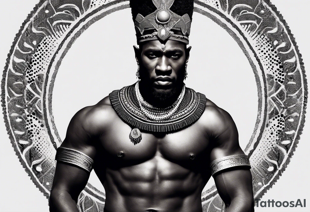 African black-skinned warrior. He is a god of war. He wears a small silver crown and a simple red necklace tattoo idea