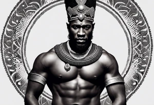African black-skinned warrior. He is a god of war. He wears a small silver crown and a simple red necklace tattoo idea