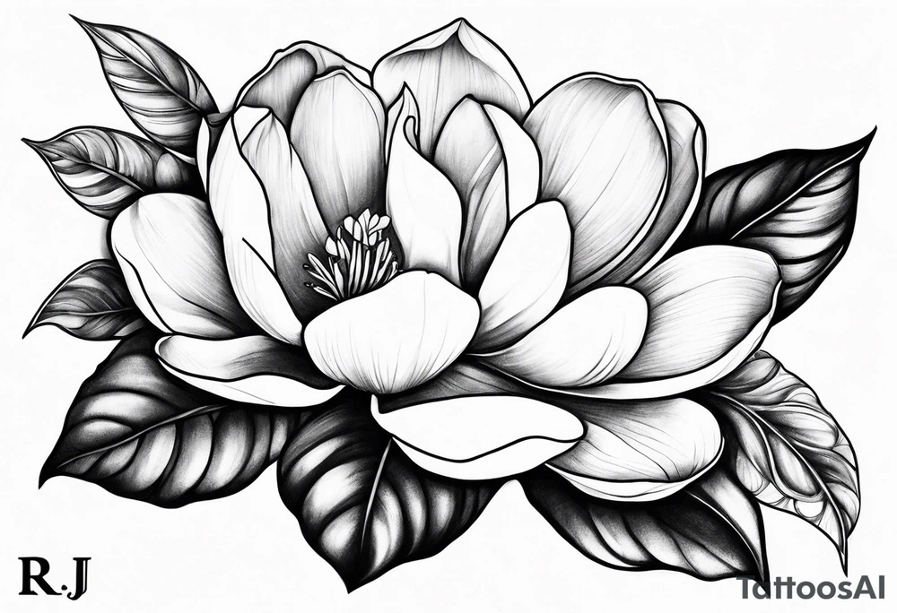 Initials R, E and J incorporated into a magnolia tattoo idea