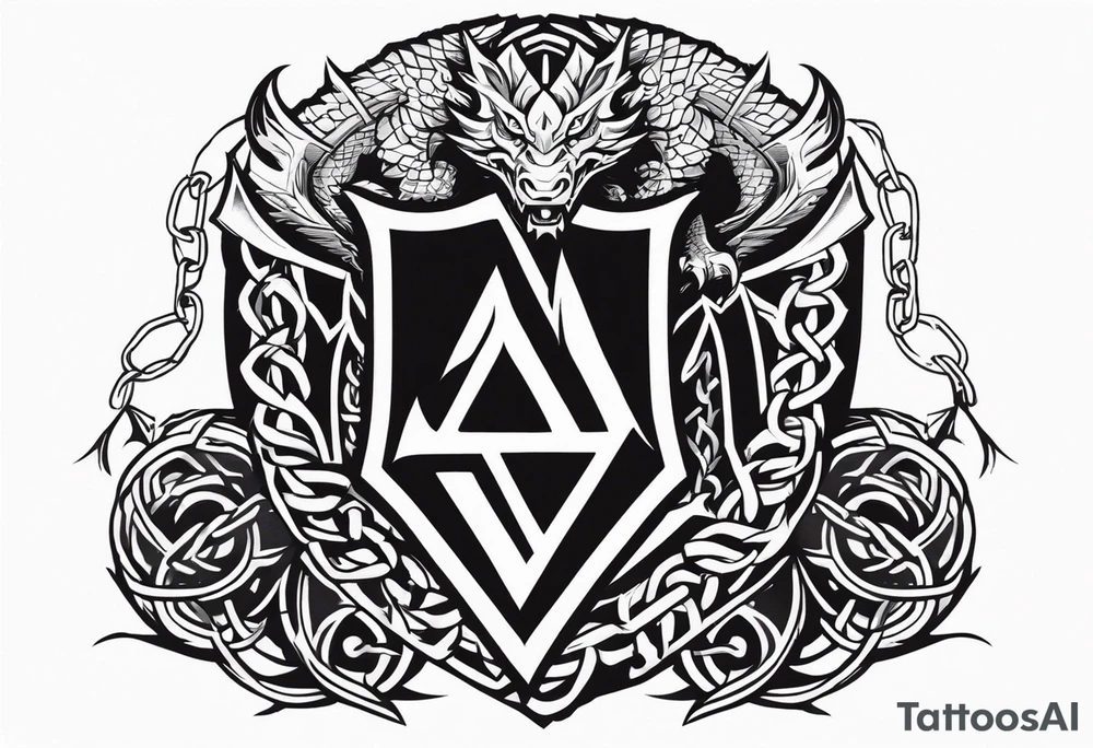Valhalla sword shield dragon axe Valknut barbed wire chains tribal tattoo idea Valhalla sword shield dragon axe Valknut barbed wire chains tribal tattoo idea
