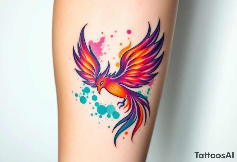 Phoenix with blazing flames with purple, orange, teal and green splashes tattoo idea