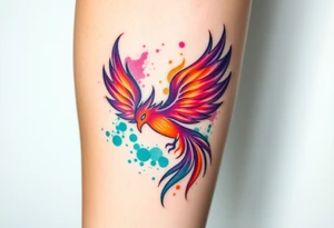 Phoenix with blazing flames with purple, orange, teal and green splashes tattoo idea