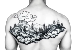 powerful ocean and forrest with rainy clouds with lighting sleeve for arm tattoo idea