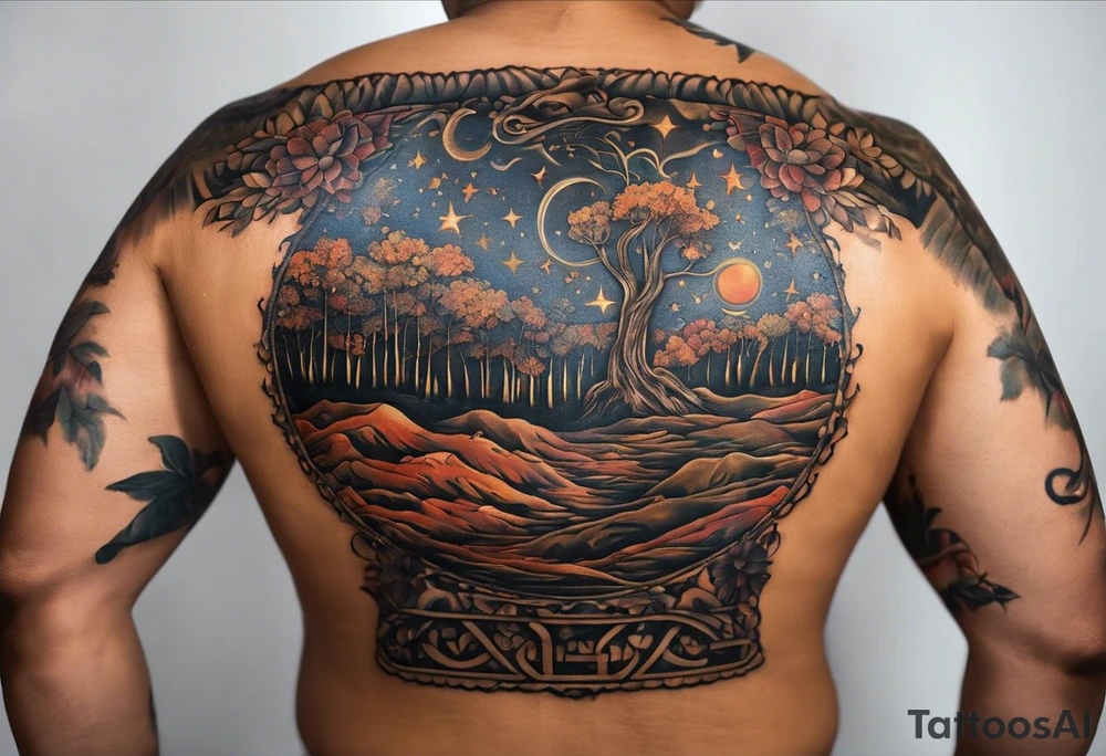 I want a tatoo on my back to show my life journey with a minimalist style. 
. Until January 9,2023, at the age of 45, my life was dark, painful, and repeating patterns of unimaginable trauma and abuse. On January 9, 2023, my current abuser was going to kill me. I had excepted my fate and was ready for it all to stop. However, in a second of time, I chose to live and escaped. After a year a healing my inner child, facing my inner demons and heavy shadow work, my inner child and I found our self worth. We've learned to love and except all that we are, and see the world with fresh eyes. The world is so colorful now. Energies surround us. We are no longer in constant survival mode, and we will spend every second we have left living. tattoo idea