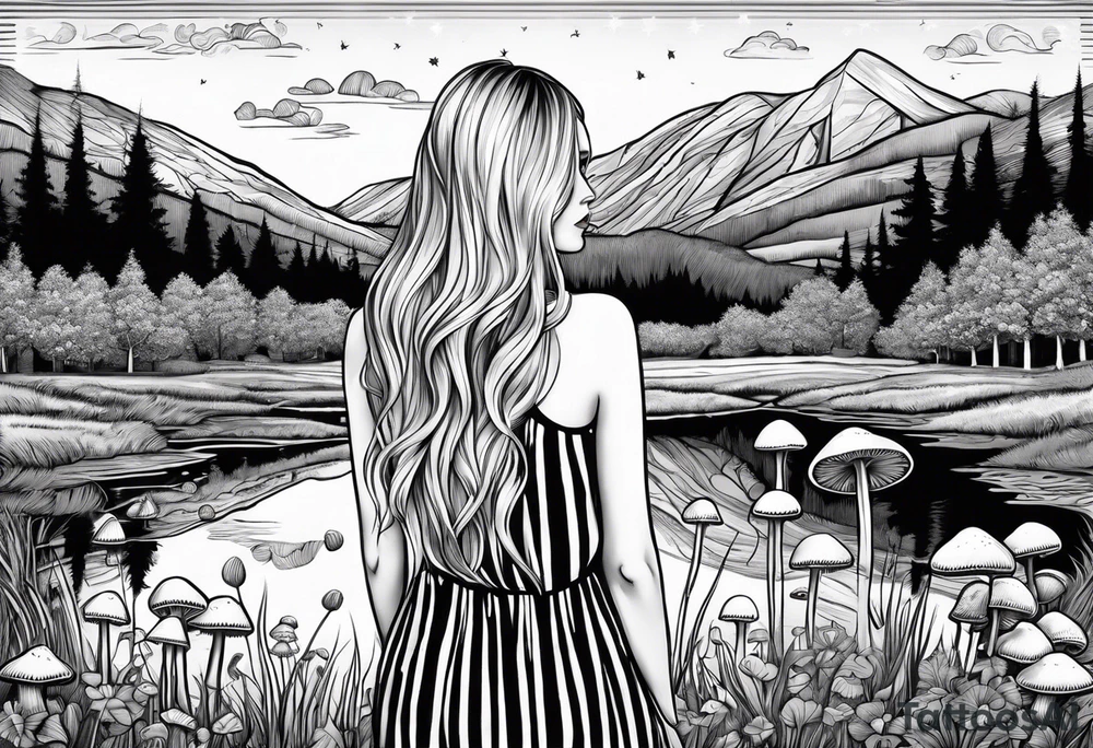 Straight long blonde hair hippie girl in distance holding mushrooms in hand facing away toward mountains and creek surrounded by mushrooms black and white striped dress tattoo idea