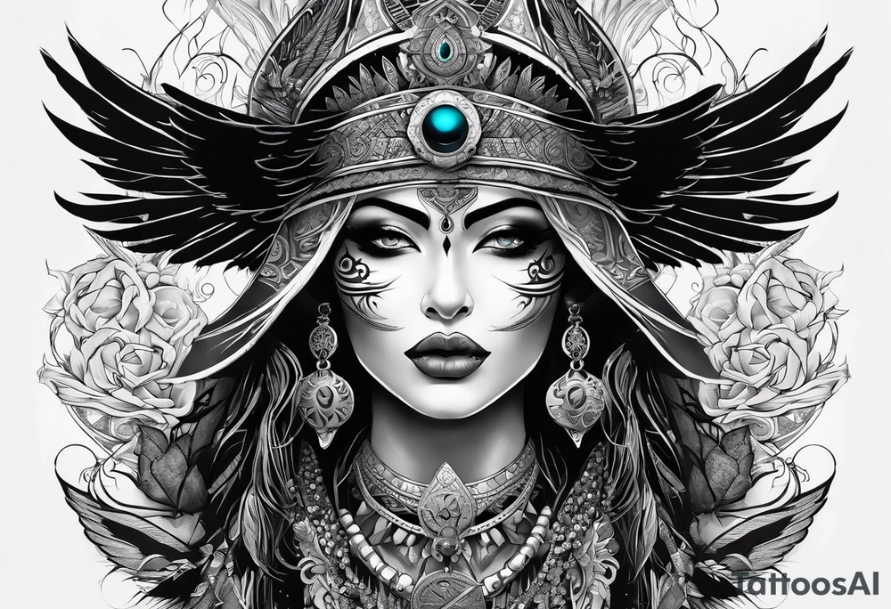 black kali, goddess pirate, alien, pachamama, valkrye, warrior, skull, lotus azul, wing, eagle, zenza resonance, stars, one side chest tattoo idea
