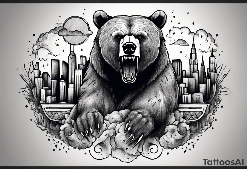 Serious bear coming up behind a city tattoo idea
