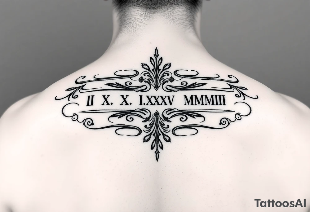 Create tattoo design with equal representation of both Roman numeral dates (IX.IX.MM and II.XXV.MMIII) in a balanced and symmetrical layout, along with the number 224. Let me know if you’d like any modifications! Inside the arm simpler tattoo idea
