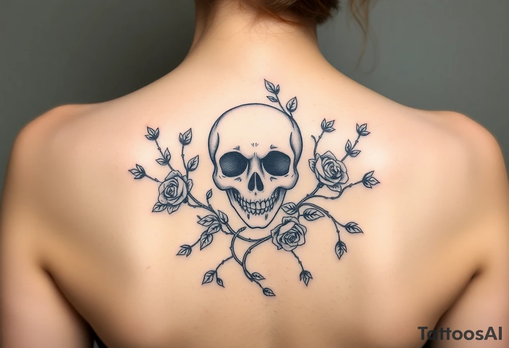 gothic skull intertwined with climbing roses and thorny vines tattoo idea
