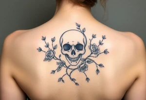 gothic skull intertwined with climbing roses and thorny vines tattoo idea