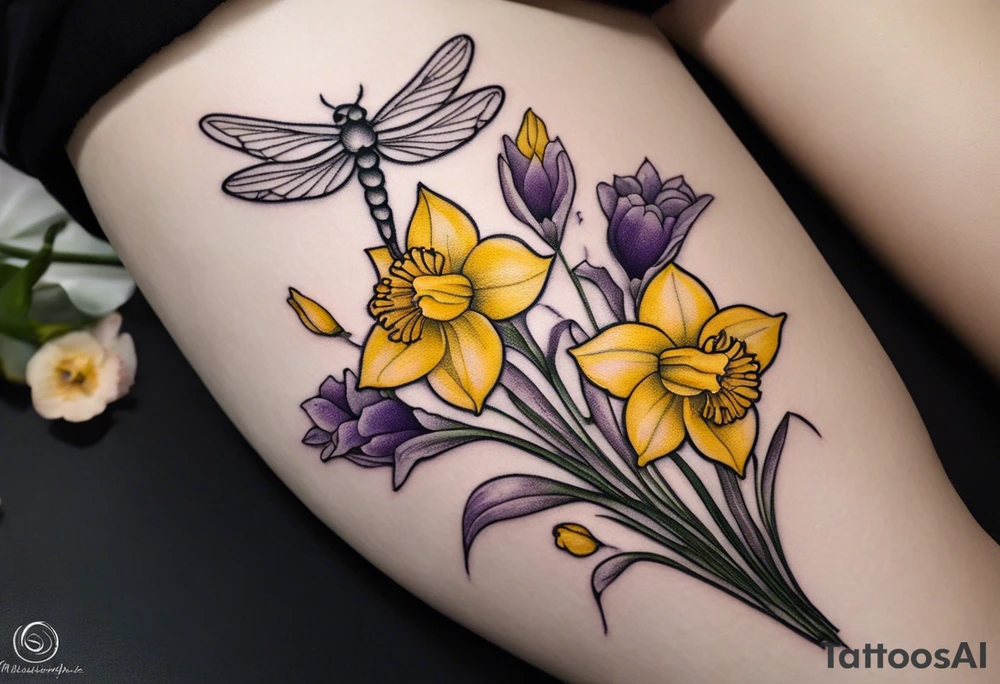 A minimalist tattoo design: Two daffodil flowers drawn with yellow lines, both blossoming from a single stem. On top of the flowers, there is a minimalist dragonfly, smaller in size than the flowers, drawn with purple lines. The stem of the daffodils extends downward and is designed to form the word ‘muadil’ in cursive handwriting, so that the stem and the writing appear as a unified whole. tattoo idea