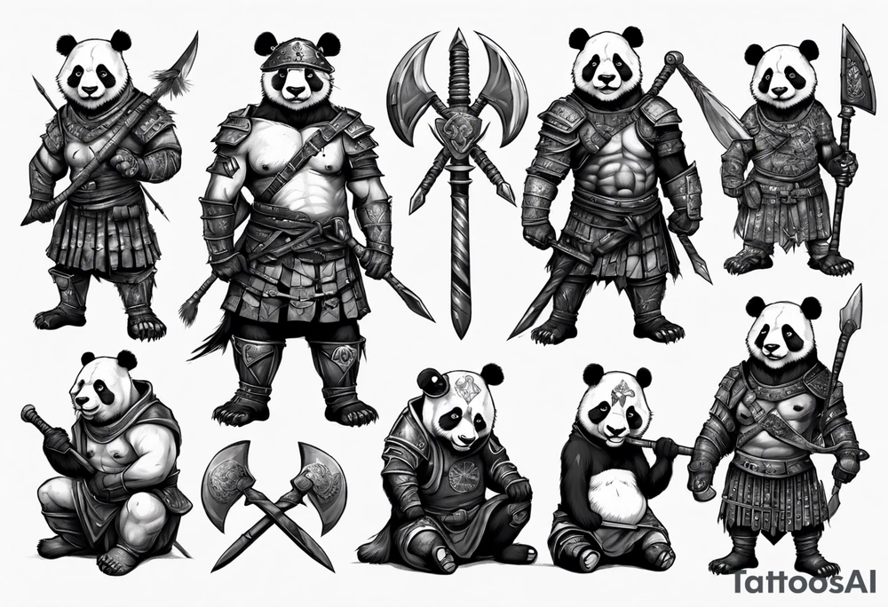 Full body Scottish warrior panda with battle axe tattoo idea Full body Scottish warrior panda with battle axe tattoo idea