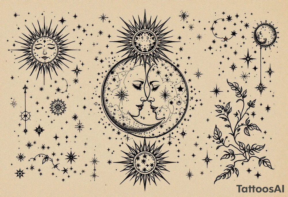 celestial sun and moon embrace with constellation patterns tattoo idea