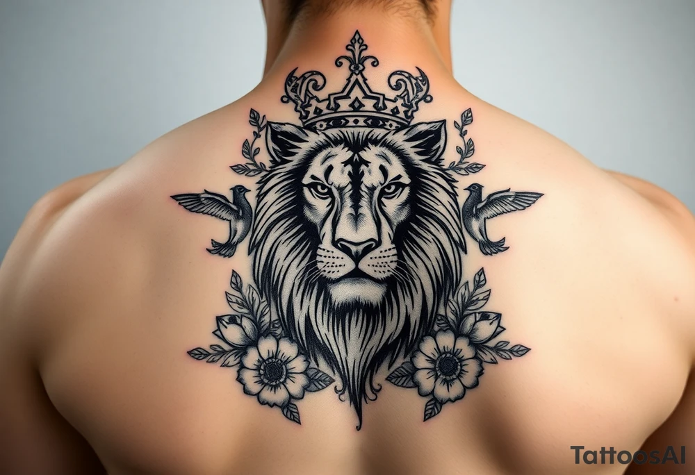 powerful majestic lion with a crown, surrounded by floral ornaments and birds tattoo idea