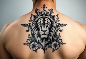 powerful majestic lion with a crown, surrounded by floral ornaments and birds tattoo idea