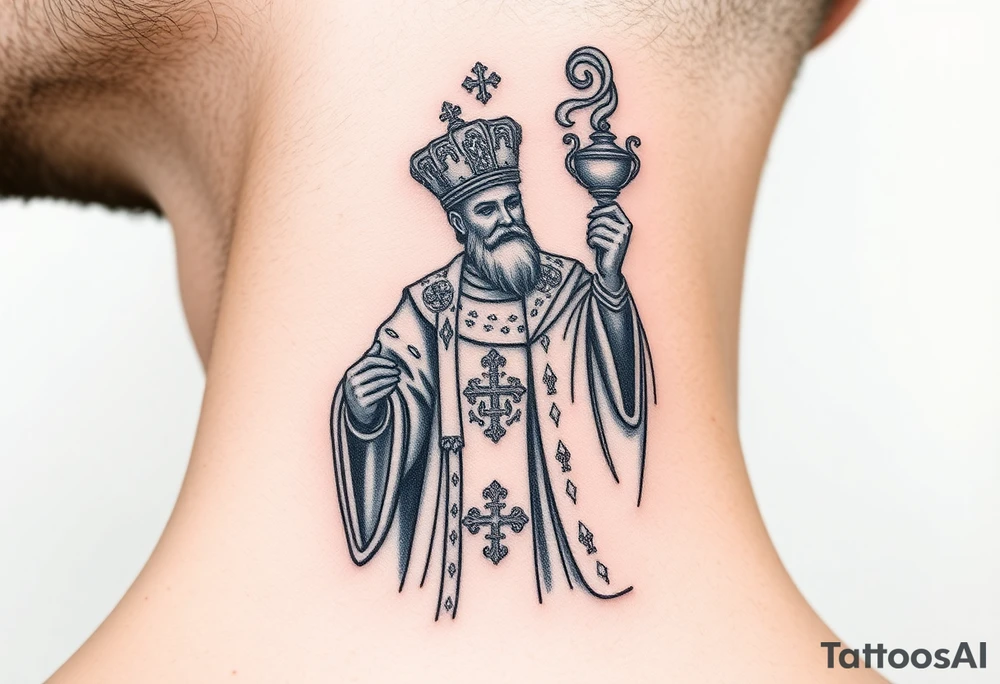 Russian Orthodox Priest in a fully detailed gold vestment swinging a censer with smoke curling upward tattoo idea