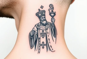 Russian Orthodox Priest in a fully detailed gold vestment swinging a censer with smoke curling upward tattoo idea