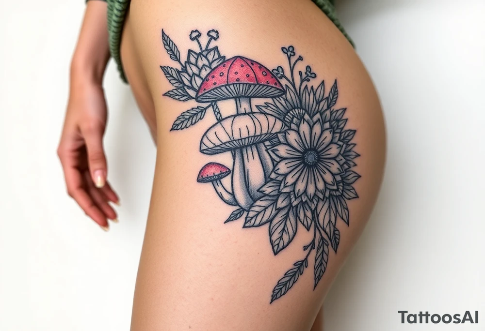 Could you possible make me a nature tattoo with mushrooms crystals  flowers mandala boho but vibrant colorful and psychedelic colorful too that would wrap from front of hip around side to mid back to cover an existing one tattoo idea