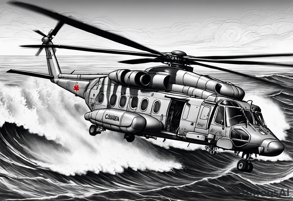 Canadian military grey CH-148 Cyclone helicopter soaring low over rough, ocean waves. A poppy flower be prominently displayed tattoo idea