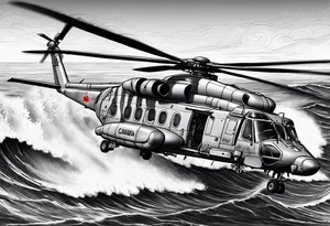 Canadian military grey CH-148 Cyclone helicopter soaring low over rough, ocean waves. A poppy flower be prominently displayed tattoo idea