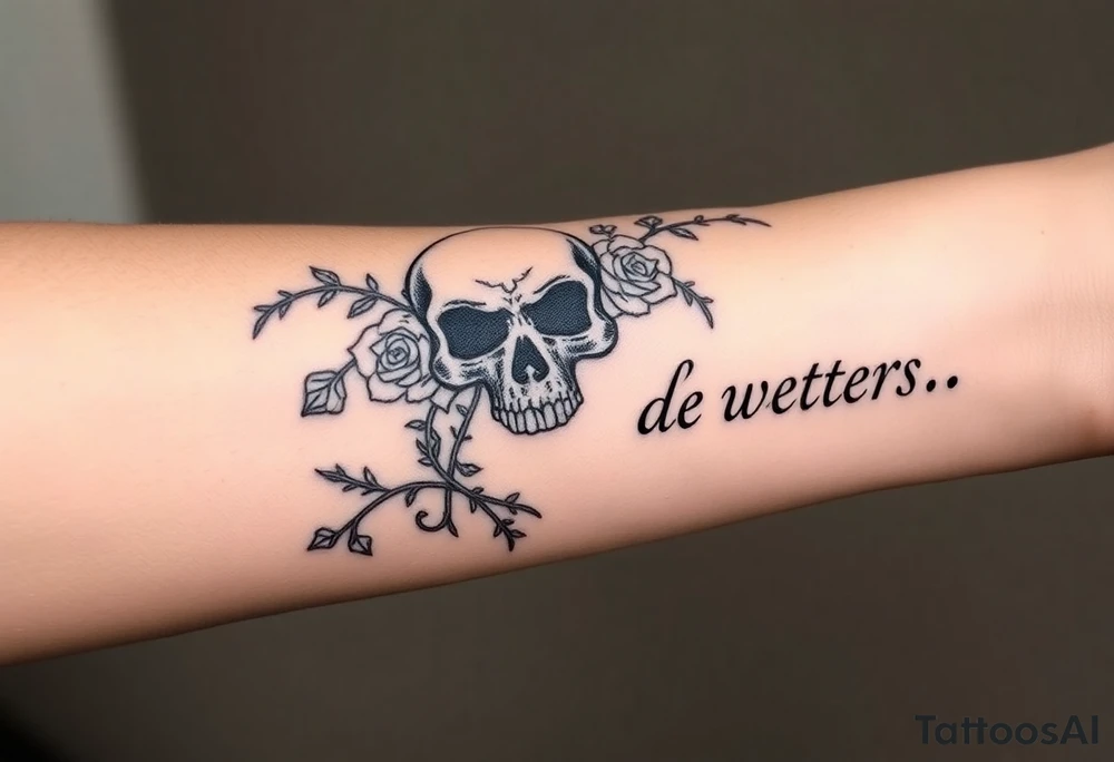 gothic skull intertwined with climbing roses and thorny vines tattoo idea