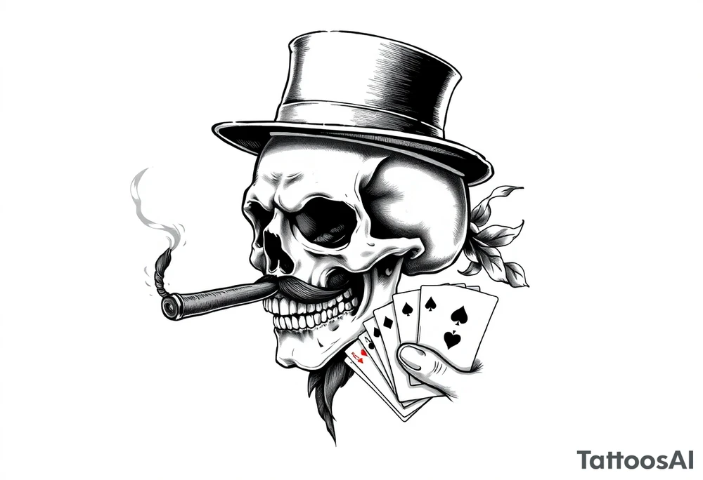 a skull with mustache, a big cigar in his mouth,top-hat on his head and playing cards in a hand. tattoo idea