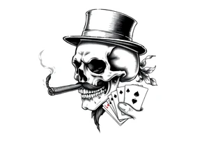 a skull with mustache, a big cigar in his mouth,top-hat on his head and playing cards in a hand. tattoo idea