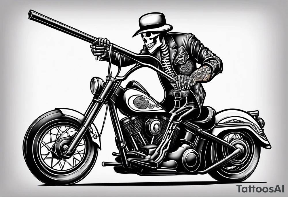 Old school skeleton holding a shotgun riding a harley davidson low rider tattoo idea