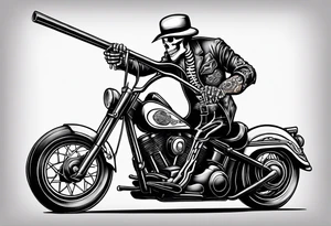 Old school skeleton  holding a shotgun riding a harley davidson low rider tattoo idea