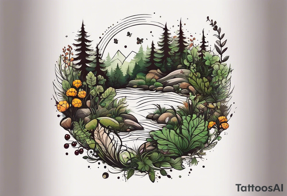 minimalistic forest floor inspired tattoo, which includes grass, moss, curly ferns and dead leaves as the bulk of the tattoo. details to include: forest berries, couple of very small brown mushrooms, a tiny bumblebee flying nearby tattoo idea