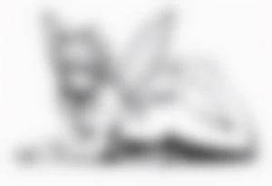 No color fairy with a tail inspired by the guild symbol in the anime show called Fairy Tail in a fetal position leaning in and forward while crawled in tattoo idea