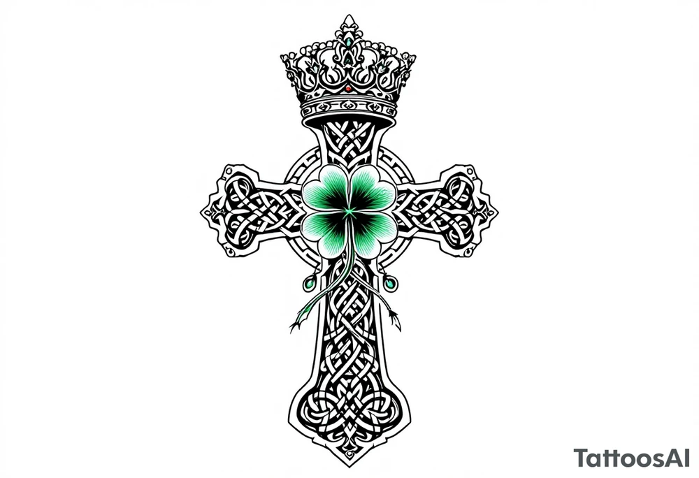 Celtic cross tattoo featuring intricate knotwork patterns along the arms and base of the cross. At the heart of the cross, place a vibrant four-leaf clover, its leaves shaded with subtle gradients of green, symbolizing luck and unity. Above the cross, incorporate a regal crown adorned with ornate details, such as small gemstones or filigree, to signify authority and strength. Behind the cross add more celtic knots and a celtic tree of life tattoo idea